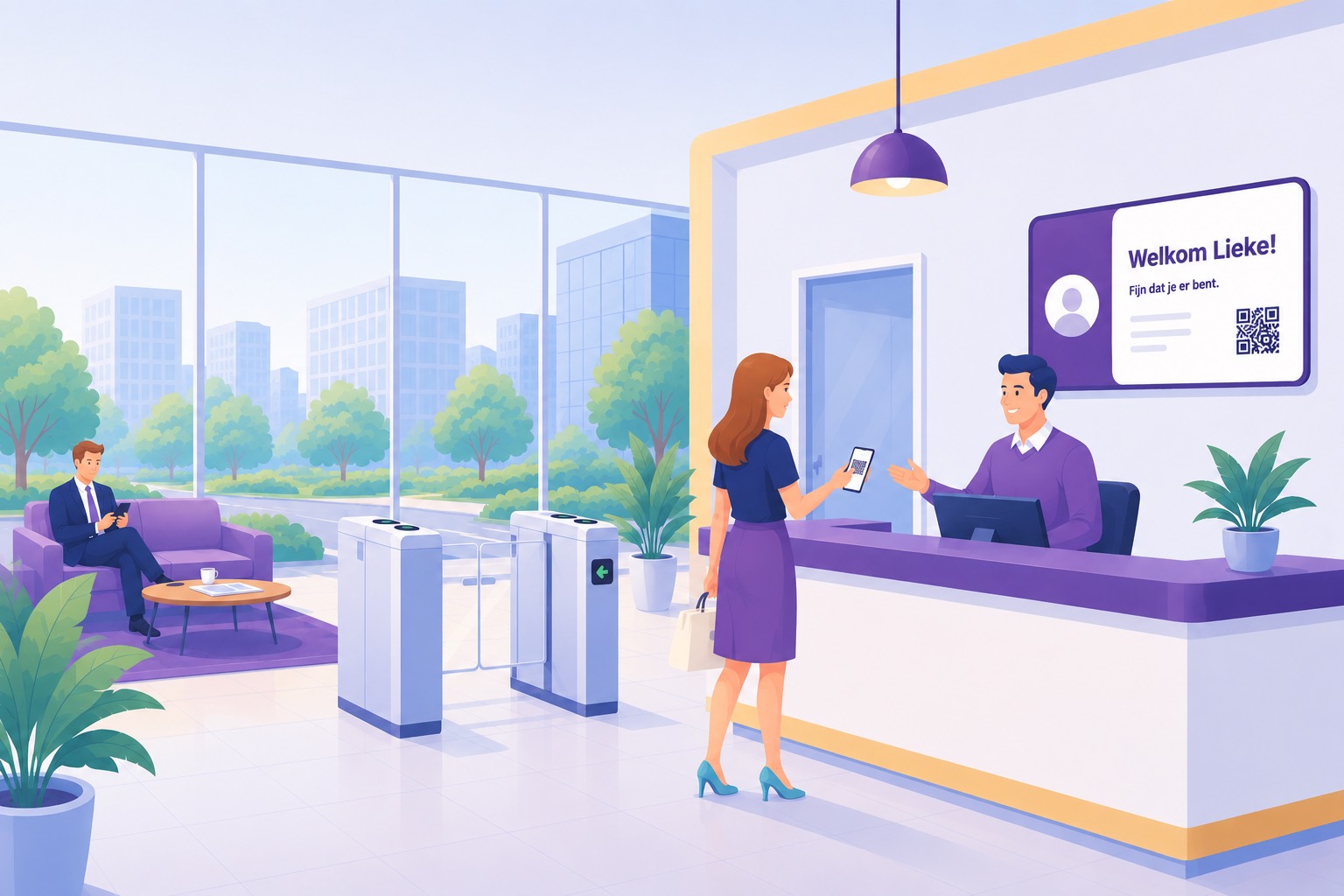 Een bezoeker meldt zich bij de receptie met een uitnodiging op haar telefoon