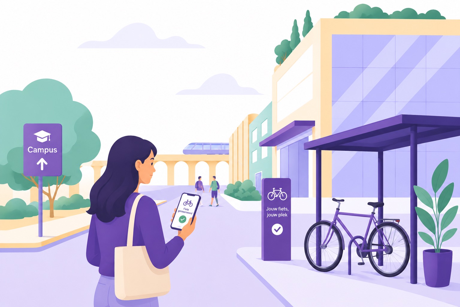 Een medewerker loopt met haar telefoon naar een gereserveerde deelfiets op een campus