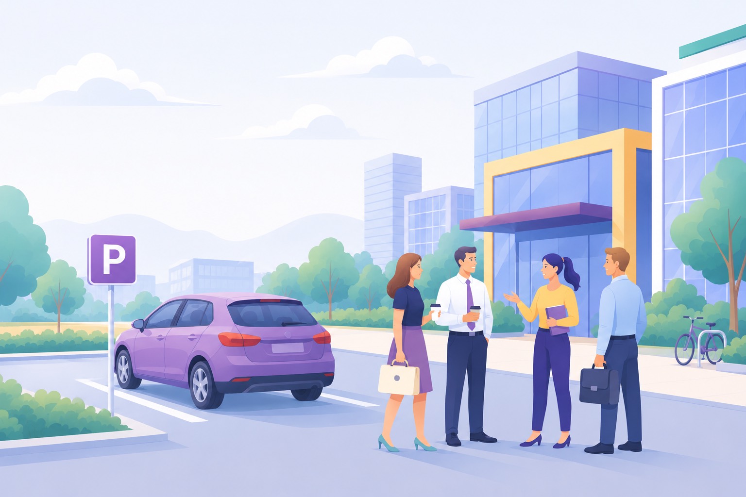 Collega's komen aan bij kantoor, de auto staat op een gereserveerde parkeerplaats